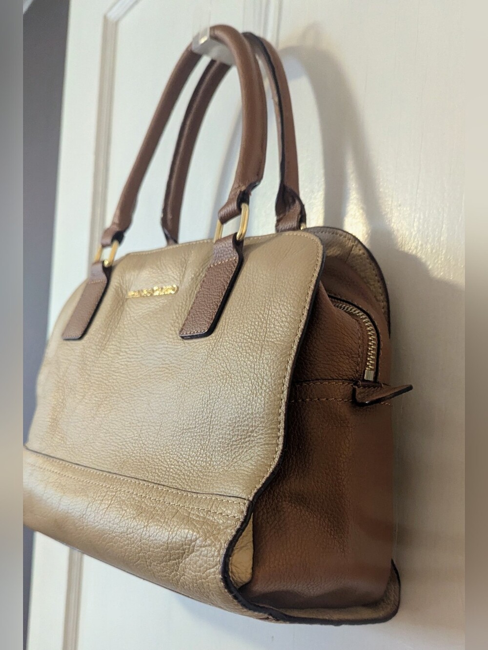 Vintage Franco Sarto Women's Beige Pebble Leather Two-Tone Tan Hand Bag.